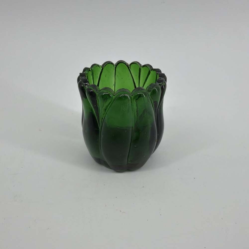 Vintage Green Glass Tulip Candle Votive Holder 2 1/2" Tall Made in Hong Kong